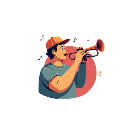 A young man playing a trumpet, surrounded by musical notes, symbolizing jazz and music.