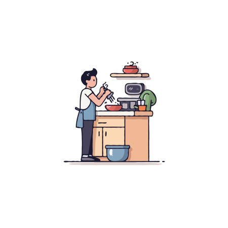 A man wearing an apron is preparing food in a modern kitchen.のイラスト素材