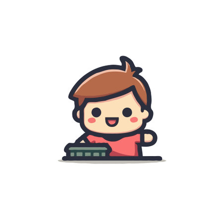 Adorable cartoon boy happily engaged in playing with colorful building blocks, representing childhood joy and learning.のイラスト素材