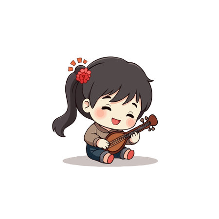 Adorable cartoon girl with a flower in her hair happily playing a ukulele. Perfect for music,...