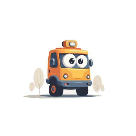 Adorable cartoon orange truck with a friendly face, set against a simple background with trees.