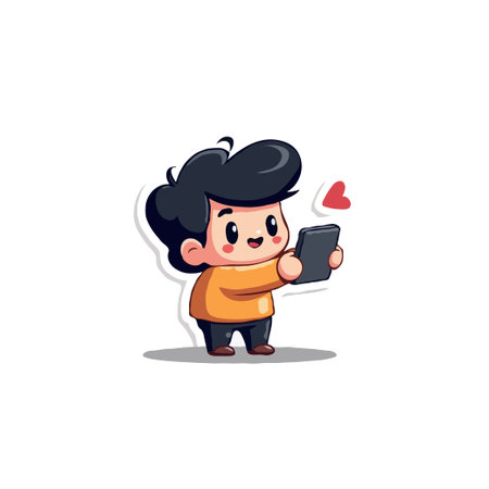 Adorable cartoon boy with a heart icon, happily using a smartphone for online communication.