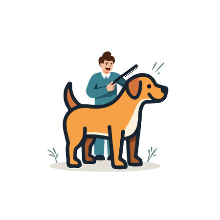 A person gently combs a happy dog's fur, symbolizing pet care and companionship in a natural setting.のイラスト素材