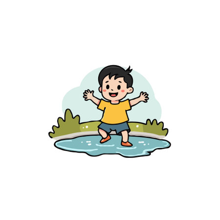 A happy young boy in a yellow shirt and blue shorts joyfully splashes in a puddle, embodying childhood fun and outdoor play.のイラスト素材