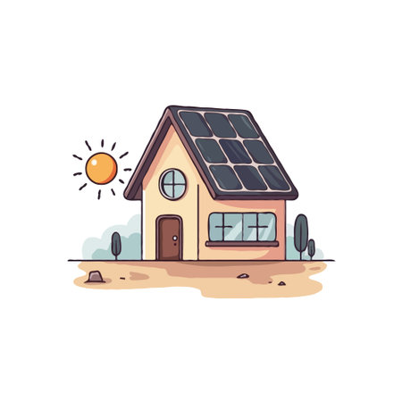 A charming house with solar panels on the roof, bathed in sunlight, symbolizing renewable energy and eco-living.のイラスト素材