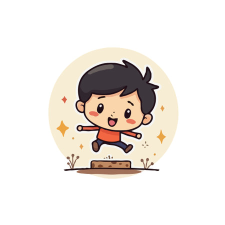 Adorable cartoon boy joyfully jumping over a small obstacle, symbolizing childhood fun and active play.のイラスト素材