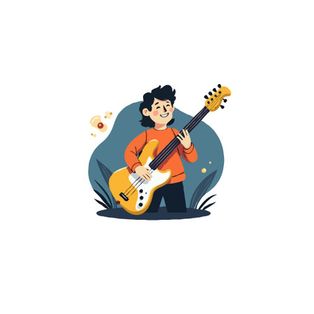 A cheerful young person playing an electric bass guitar, surrounded by abstract shapes and plants.のイラスト素材