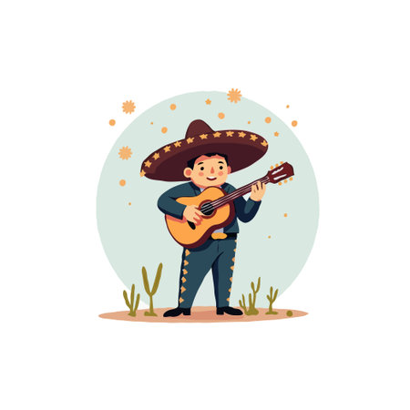 A cheerful mariachi musician in traditional attire plays a guitar in a stylized desert setting.のイラスト素材