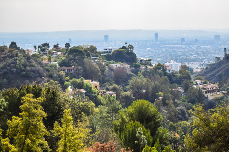 Los Angeles, CA, USA . January 16, 2016: View of the los angele. Good sunny day in downtown Los Angeles, California. Aerial view of Los angeles city from Runyon Canyon park Mountain Viewのeditorial素材