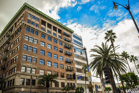 Los Angeles, California, USA . January 16, 2016: Walk of Fame at sunset on Hollywood Boulevard, abstract view of a buildingのeditorial素材