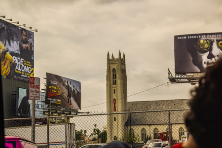 Los Angeles, California, USA . January 16, 2016: Walk of Fame at sunset on Hollywood Boulevard, abstract view of a buildingのeditorial素材