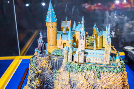 USA, CA, Los Angeles, Hollywood, 11 Janua 2015: Photo of Warner Bros inside views. Studio Tour Hollywood, VIP  TOUR. Harry Potter, Harry costume cloak,  broom, spider,  book, car, Harry Potter Castleのeditorial素材