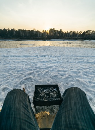 Barbecue in the backyard in the winter.の写真素材