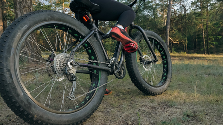 Fat bike also called fatbike or fat-tire bike in summer riding in the forest. The woman rides a bicycle among trees and stumps. He overcomes some obstacles on a bumpy road.の写真素材