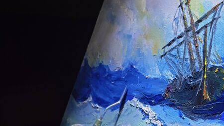Artist copyist paint seascape with ship in ocean. Craftsman decorator draw as boat sail on blue sea...