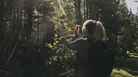 Traveler photographing scenic view in forest. One caucasian woman shooting nice magic look. Girl take photo video on dslr mirrorless camera. Professional photographer travel with backpack. Outdoor.の写真素材