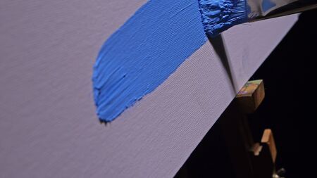 Artist copyist paint seascape with ship in ocean. Craftsman decorator draw as boat sail on blue sea...