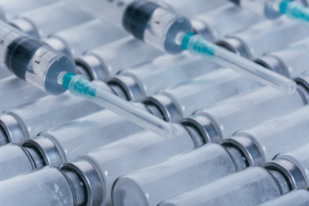Medicine, Injection, vaccine and disposable syringe, drug concept. Sterile vial medical syringe...