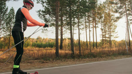 Training an athlete on the roller skaters. Biathlon ride on the roller skis with ski poles, in the helmet. Autumn workout. Roller sport. Shooting an athlete in motion. Moving platform stabilizer.の写真素材