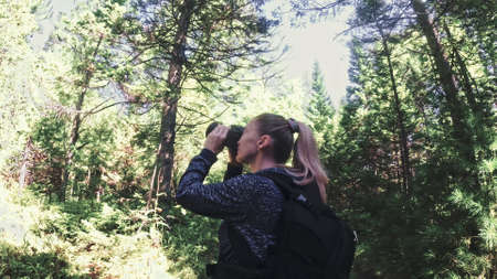 Traveler photographing scenic view in forest. One caucasian woman shooting nice magic look. Girl take photo video on dslr mirrorless camera.の写真素材