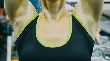 Fit Athletic Woman Exercises with Dumbbell. Bodypositive Girl with Beautiful Hairy Armpits. Sweat...