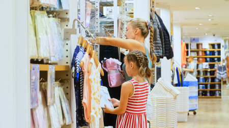 Young mother and child chooses clothes in sports clothing boutique. Cheerful child and mother choosing sports clothes in retail store. Mother and daughter choose looking for clothes in shopping mall.の写真素材