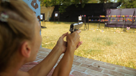 Woman shoots at shooting range with pneumatic gun. Outdoors entertainment for tourists in...