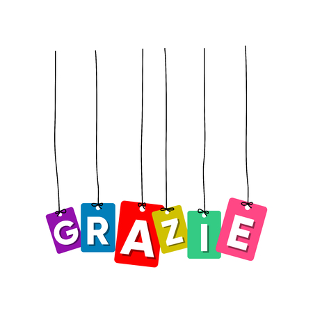 Thank you in Italia hanging words vector, colourful vector, grazie words vector isolated on white backgroundのイラスト素材