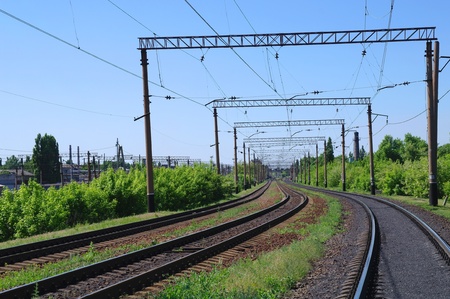 Railway a track with electric wires.の写真素材