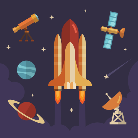 Space exploration flat icon set. Rocket, telescope, planets, stars, satelliteのイラスト素材