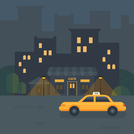 Night city cafe flat illustration. Taxi car near a restaurantのイラスト素材