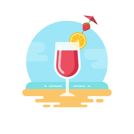 Pink cocktail with lemon slice and strawberry on the beach flatのイラスト素材