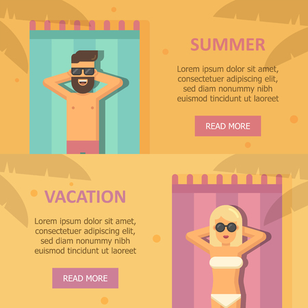 Man and woman sunbathing at the beach bannersのイラスト素材