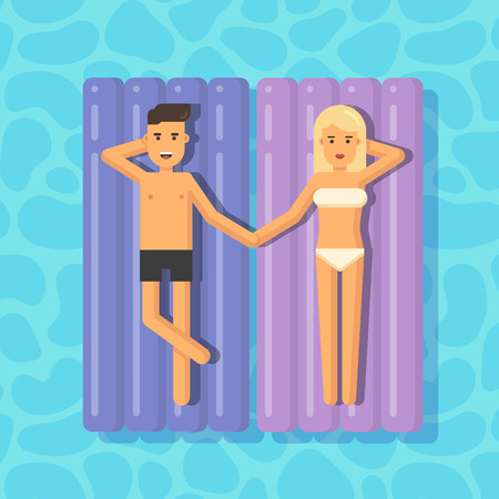 Man and woman floating on mattresses in a swimming pool holding handsのイラスト素材