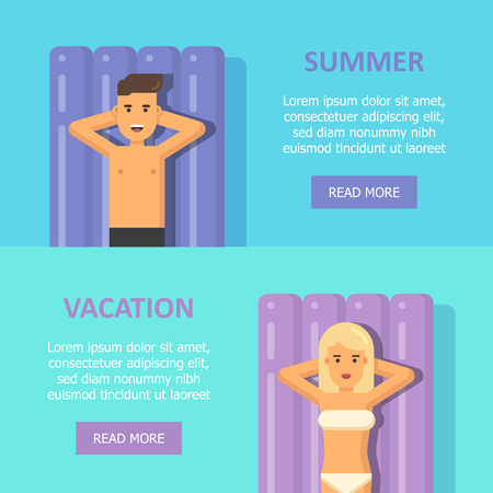 Man and woman floating on mattresses in a swimming pool bannersのイラスト素材
