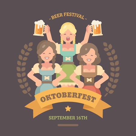 Oktoberfest flat illustration banner, Three beer Blonde girl holding two beers for Beer festival posterのイラスト素材