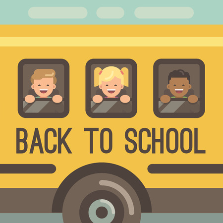 Three children looking out the windows of a yellow school bus, two boys and a girl. Back to school