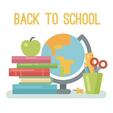 School items: pile of books, apple, globe, pin, glass with scissors, ruler and pencil on white background. Flat illustration. Back to schoolのイラスト素材