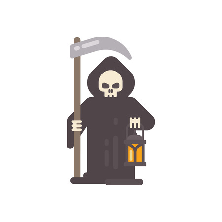 Grim reaper with a scythe an a lantern. Halloween character flat illustrationのイラスト素材