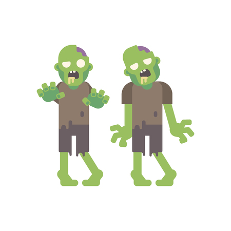 Two zombies walking. Two living dead in torn clothes. Halloween flat character illustrationのイラスト素材