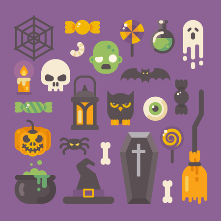 Set of Halloween items. Horror flat icons on purple background. Trick or treatのイラスト素材