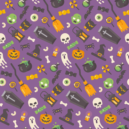 Halloween flat icons pattern. Halloween items on purple background. Trick or treatのイラスト素材