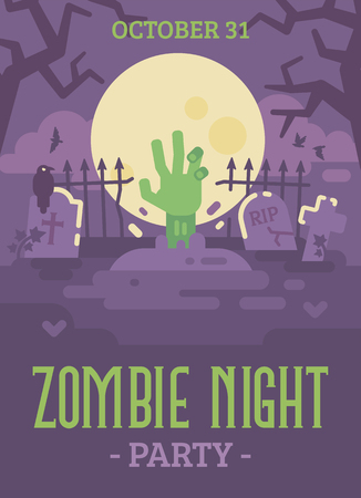 Halloween poster with zombie hand coming out of grave. Trick or treat. Zombie night party flat illustration bannerのイラスト素材
