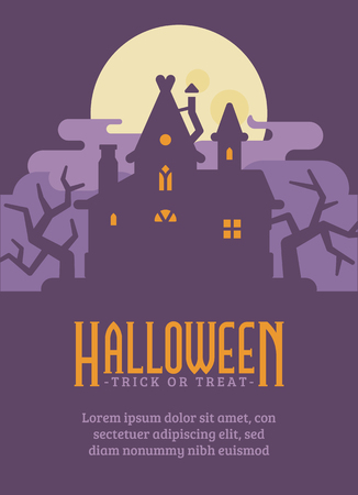 Halloween poster with old house in the swamp. Witch hut flat illustration  flyer with text. Trick or treat. Dark fantasy backgroundのイラスト素材