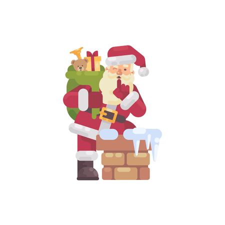 Santa Claus climbing into the chimney with a bag of presents. Christmas character flat illustrationのイラスト素材