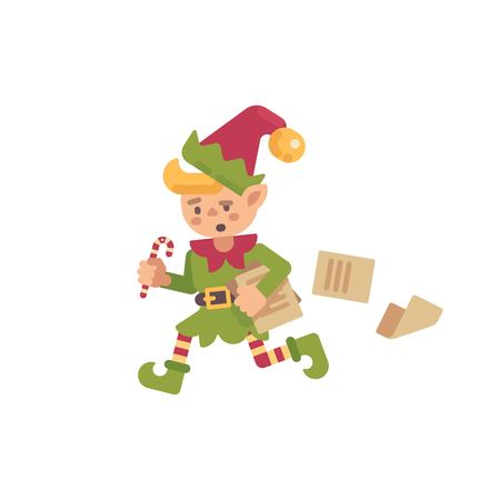 Cute busy Christmas elf running with papers and letters. Santa Claus elf flat holiday character illustrationのイラスト素材