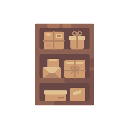Wooden cabinet with brown boxes. Old parcel storage flat illustrationのイラスト素材
