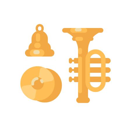 Set of shiny gold musical instruments. Cymbals, bell and trumpet flat illustrationのイラスト素材