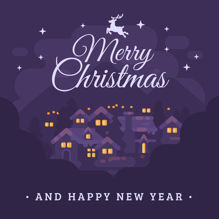 Merry Christmas and Happy New Year greeting card with night mountain village landscape flat illustrationのイラスト素材