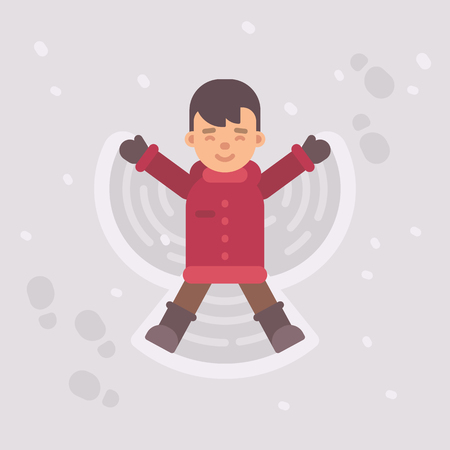 Little boy making a snow angel. Winter kid flat illustrationのイラスト素材